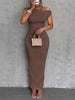 Water Ripple Slanted Shoulder Dress Women's Elegant And Simple Solid Color A-line Collar Mid-waist Sexy Hip Wrap Skirt