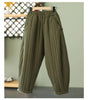 Women's Warm Pants Autumn Winter Vertical line pressed Solid Cotton padded Elastic waist band Buckle Casual Carrot trousers
