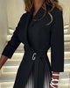 Womens Dresses Spring Tied Detail Elegant Shawl Collar Three Quarters Plain Midi Work Blazer Pleated Dress