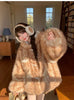 Autumn Winter Thick Warm Sweet Cute Lace Patchwork Faux Fur Coat Hoodie Women with Deer Ears Horn Buttons Fluffy Jacket