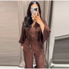 Casual Women Shirt Pant Set V-Neck Lace Up Loose Long Sleeve Top Wide Leg Trousers Suit Spring Autumn Chic Lady Outfits