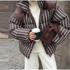 Winter Women Striped Hooded Cotton Jacket Long Sleeve Stand Zipper Buttons Thickening Padded Jackets Casual Office Lady Coat