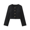 Women's Tweed Crop Jacket with Golden Buttons, O Neck, Long Sleeve Coat, Female Outerwear, Chic Tops