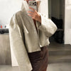 Autumn Women Croc Embossed PU Leather Jacket High Neck Zip Up Oversize Loose Cropped Coat Long Sleeve Street Lady Outerwear