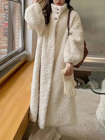 Winter Lamb Fur Long Warm Coat For Women Stand Collar Solid Color Single Breasted Loose Fit Clothing 2VV234
