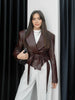 Burgundy PU Jacket Women Autumn Slim Lace Up Blazer Top Fall Casual Leather Jackets Coat Femme