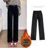 Winter Thickened Women's Mink Velvet Jeans Loose Straight Warm Soft Fleece Elastic High Waist Female Pants Black Blue