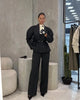 Lady Black Pinstripe Two Piece Suit Belted Wrap Long Sleeves Blazer Wide Leg Pants Sets Autumn Chic Formal Business Set