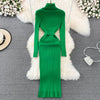 Turtleneck Sexy Wrap Hips Knitted Dresses Women Autumn Winter Long Sleeve Bodycon Sweater Dress with Belt