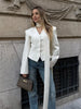 Striped Print V-neck Ribbon Suit Coat For Women Long Sleeve Buttons Office Lady Top Elegant Female Blazer Outwear