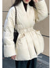 Lagabogy Winter Belt Waist-Tight Elegant Warm 90% White Duck Down Jacket Female Long Sleeve Solid Color V-neck Puffer Coat