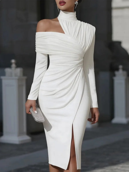 Women's Asymmetrical Off Shoulder High Neck Midi Dresses Long Sleeves Ruched Split-Side Elegant Cocktail Party Dress