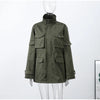Army Green Multi-pockets Jacket For Women Hiking Long Sleeve Drawstring Waist Military Coats Lady Chic Street Outerwear