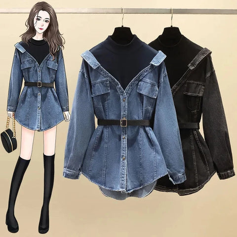 Women's Denim Jacket Spring Autumn Fake Two Pieces Appear Thin Ladies Temperament Long Sleeve Female Cowboy Coat