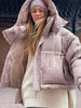 Chic Women Print Hooded Padded Jacket Oversized Zip Up Long Sleeve Warm Winter Coat Casual Daily Ladies Quilted Cotton Outerwear