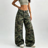 Women Army Green Camouflage Wide Leg Cargo Pants Loose Baggy Casual Streetwear Long Trousers For Ladies Daily Outfit
