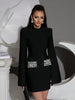 Black Women's Diamond Cloak Sleeve Design Bandage Mini Dress Long Sleeve Elegant Birthday Party Wedding Guest