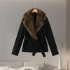 Elegant Faux Fur Thicken Jackets Women's Long Sleeves Pockets Patchwork Belts Hoodie Coat Winter Chic Warm Outerwear