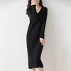 Women Pure Wool Sweater Dresses Long Sleeve Purllover 100% Merino Wool V-neck Knitwear Spring Autumn Grace Striped Dresses