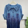 Pleated Faux Denim Dress Women's Chic Single Breasted Lapel Half Sleeve Mid-Length Dresses Loose Casual 2DB4371