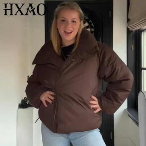 Crop Brown Outerwears Women's Winter Jacket Lace-Up Long Sleeve Quilted Jacket Woman Lightweight Padded Jacket