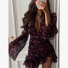 Flora Painted Ruffle Mini Dress Women Elegant Full Sleeve Deep V-neck Slim A-line Dresses Lady Holiday Street Outwears