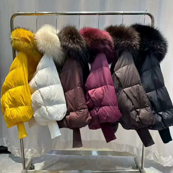 Winter Women's Casual Thickened Warm Knitted Sleeve Goose down Jacket Real Mink Collar Hooded