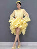 Women Long Sleeve Ruffled High Low Dress Elegant Party Evening Gown Pleated Formal Outfit Autumn