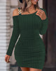 Women Knit Cold Shoulder Long Sleeve Bodycon Dress With Metal Buckle Detail Ruched Waist Slim Fit Mini Dress For Party Cl