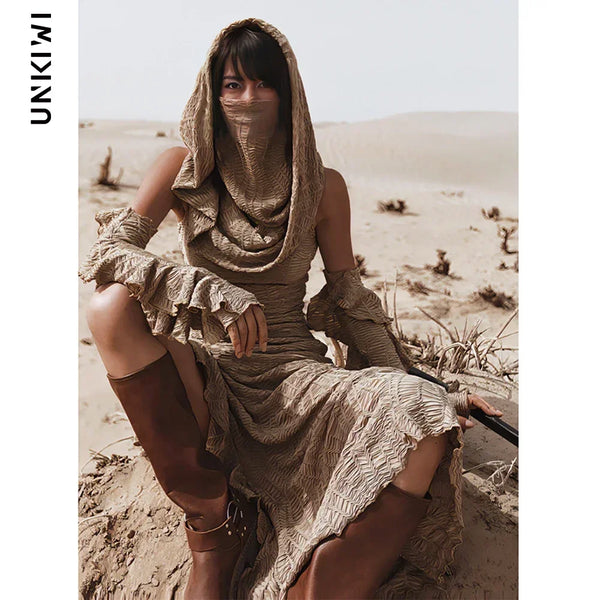 2 Pieces Set Women's Jacquard Knit Hooded Dress+Oversleeves Sets Desert Holiday Travel Wear Sand Dune Wasteland Style Dresses