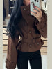 Autumn Winter Ladies Cropped Trench Jacket Faux Suede Double‑breasted Stand Collar Belt Waist Slim Fit Casual Outerwear Coat