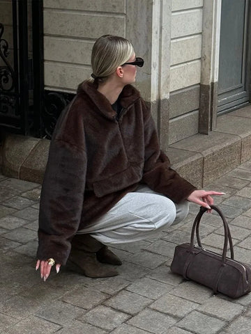 Women Dark Brown Faux Fur Coat Stand Neck Zipper Loose Solid Pullover Spring Chic Lady Casual High Street Outwear