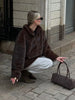 Women Dark Brown Faux Fur Coat Stand Neck Zipper Loose Solid Pullover Spring Chic Lady Casual High Street Outwear