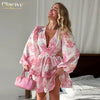Sexy Loose Print Women's Dress V-Neck Puff Sleeve Mini Dresses Elegant Classic High Waist Pleated Female Dress