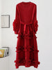 Elegant Women Pleated Dress O Neck 3D Floral Long Sleeves Fungus Spliced Design A-line Dresses Party 2AA1375