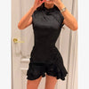 Elegant Floral Jacquard Cheongsam Mini Dress Women Black Ruffle Hem Bodycon Slim Fit Flowy Soft Chic Lady Party Gowns