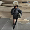 Street Waist Cinching Leather Jacket Women Loose Solid Stand Collar Zipper Pocket Jackets Spring Lady Outwear