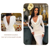 White Swinging Collar Long Dress For Women Ruched High Waist Long Sleeves Slim Elegant Evening Party Gowns