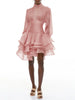 Elegant Pink High Neck Organza Fabric Mini Dresses for Women Puff Sleevs Ruched Waist Tiered Ruffles for Cocktail Parties