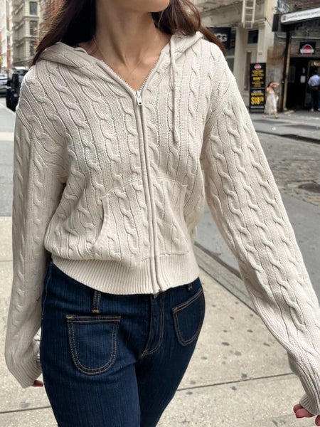 Twisted Flower Knitted Cardigan Sweater Women Autumn Long Sleeve Hooded Zipper Short Coat Streetwear Sweaters Y2K Tops