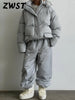 Elegant Printed Cotton Jacket Trouser Women's Set Hooded Thicken Zipper Coat Straight Pants Loose Lady Winter Autumn Suit