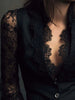 Elegant Sexy V Neck Lace Patchwork Women's Shirt Top See Through Long Sleeve Hollow out Single Button Slim Tops Blazer