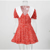 Red Floral Print Peter Pan Collar Dress Women Puff Sleeve V Neck Button Down A-line Mini Dress Lady Weekend Getaway Robe