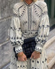Retro Elegant Stand Collar Long Dress Women Spring Pattern Print Belted Buckle Party Autumn Sleeve A-Line Boho