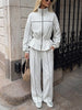 Women Black Track Suit Jacket Two Piece Suit Zip Up Cinch Waist Coat Wide Leg Pants Lady Autumn Street Matching Set