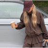 Women's Trousers 2 Pcs Sets Stand Collar Long Sleeve Single Breasted Pleated Ruffles Coats Lantern Pants Autumn Lady Outfits
