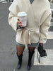 Collarless Belt Jacket Coat Lace-up Minimalism Beige Gentle Short Woolen Overcoat Waist Cinching Women Autumn Winter Overcoat