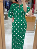 Elegant Women Dots Print Dress Summer Slim 3/4 Sleeve Vestidos V-Neck Party Midi Robe Office Pocket Dresses