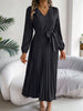 Spring Autumn Elegant Buttons V Neck Lantern Long Sleeve Lace Up Pleated Dress Khaki Blue Red Green Black Women Dresses