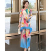 Blue Green Tie-Dye Print Women's Two-piece Set Three-quarter Sleeves A-line Top Wide Leg Pants Spring 2DB7115